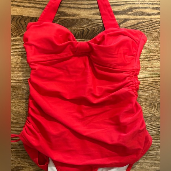 Red Ruched Halter One Piece Swimsuit Adjustable Bathing Suit Size XS - Picture 3 of 7